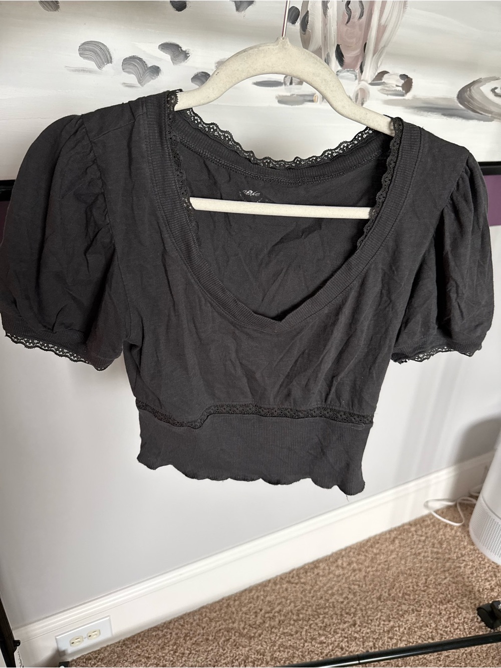 aerie Black Lace-Trim Puff Sleeve Crop Top